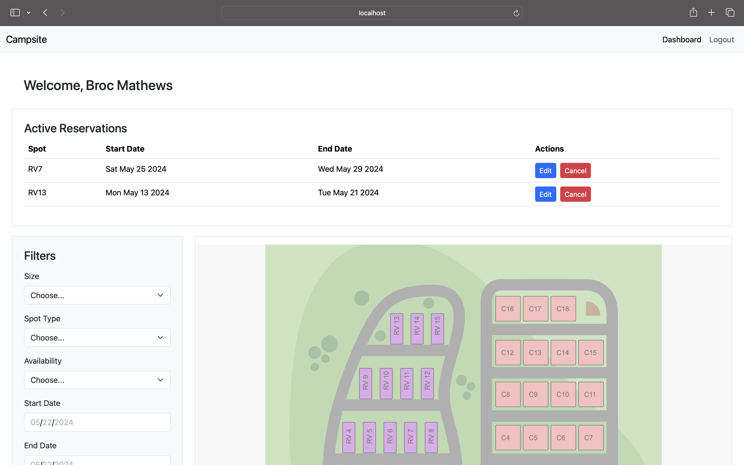 Camp reservation website interface